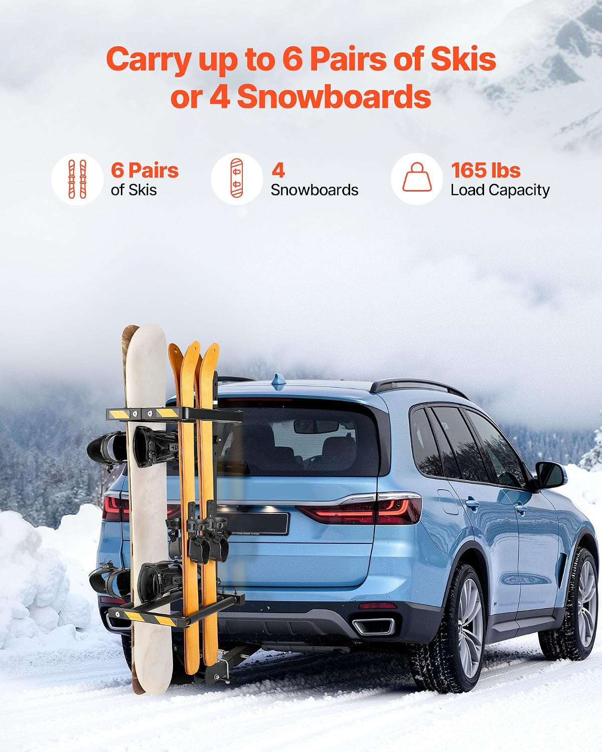 VEVOR Folding Hitch Mounted Ski & Snowboard Rack, Fits 2-Inch Receiver, Carries up to 6 Pairs of Skis or 4 Snowboards, Adjustable Hitch-Mounted Rack for Car with Key Lock, Security Strap, Tilt Access