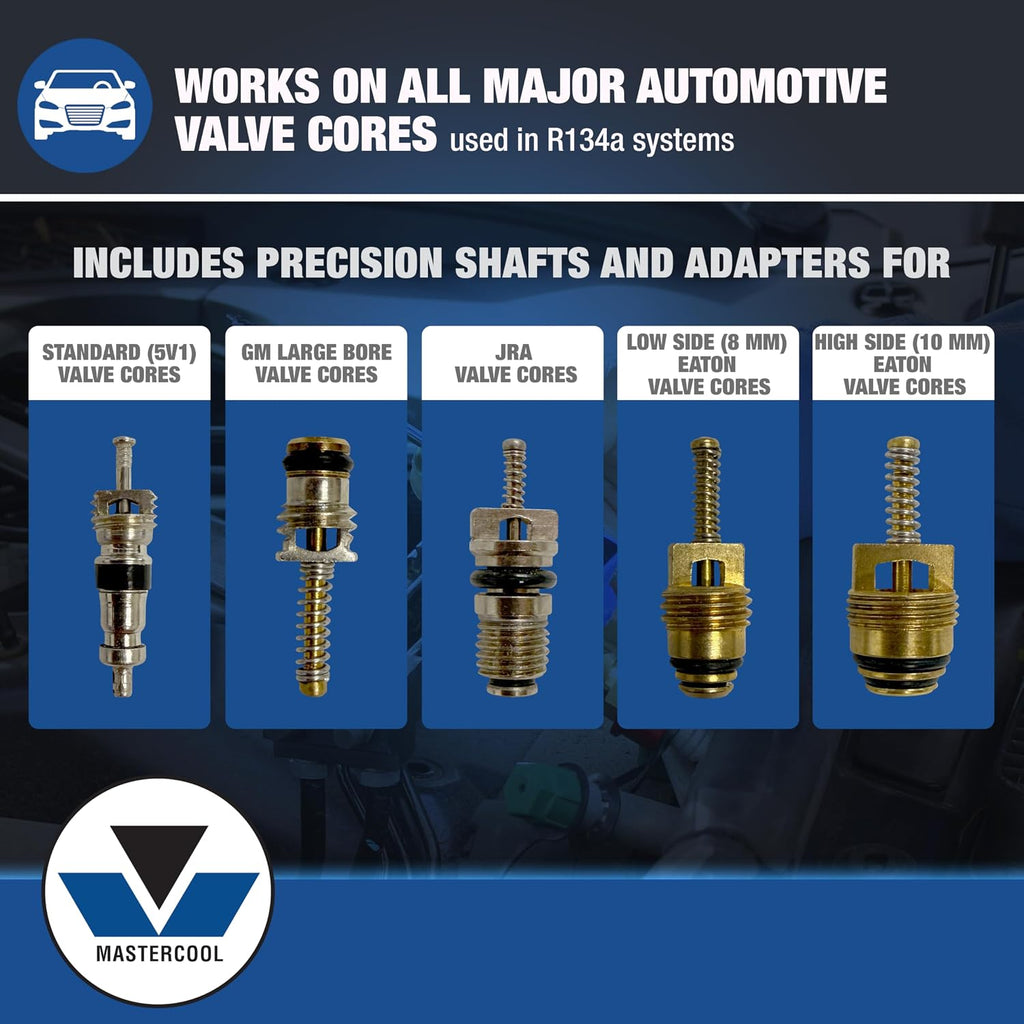Mastercool 58490 R134a Valve Core Remover/Installer Kit – Works Under Pressure – Covers Standard, JRA, Eaton Cores – Includes Shafts, Adapters, R134a Fittings & Case