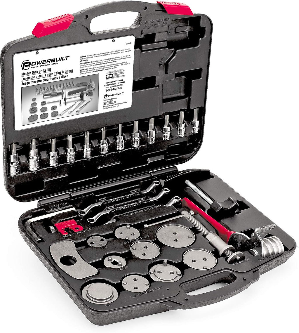 Powerbuilt Master Disc Brake Service Set, Vehicle Brake Caliper Wind Back Tool for Cars, Trucks, Piston Compression 30 Piece -648622