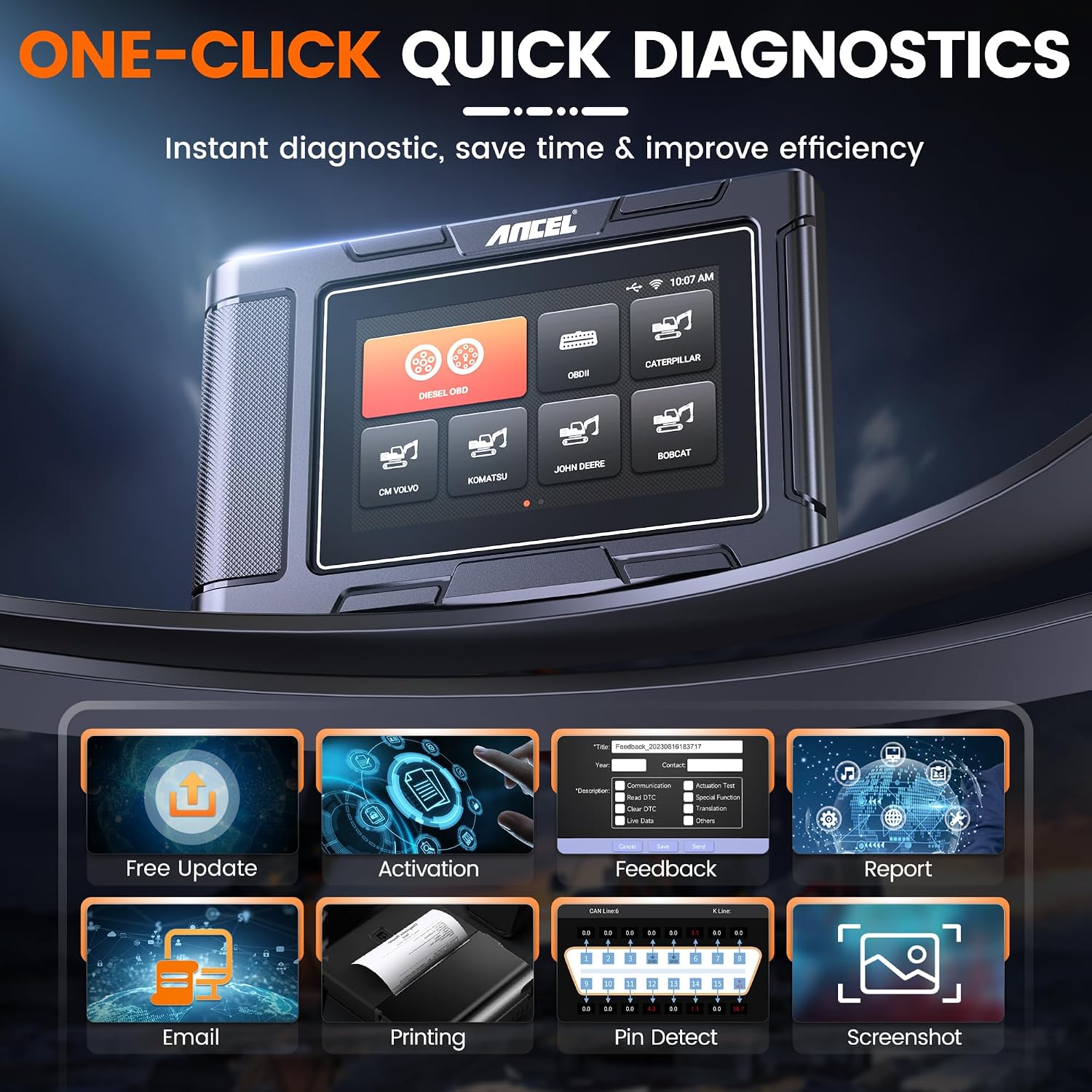 ANCEL HD3600 Heavy Equipment Diagnostic Tool with D-P-F Regen, Full System Heavy Duty Truck Scanner Machinery Scanner Diesel Code Reader Fit for Cummins, Caterpillar, John Deere, Komatsu, Yanmar&Case
