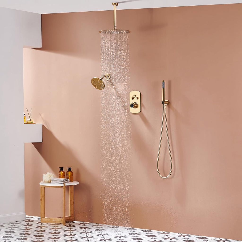 MONDAWE 12 Inch Ceiling Mounted Brushed Gold Shower System, 3-Functions Shower Faucet Set with Rainfall Dual Shower Head and High Pressure Handheld Spray, All Function Can be Used At the Same Time
