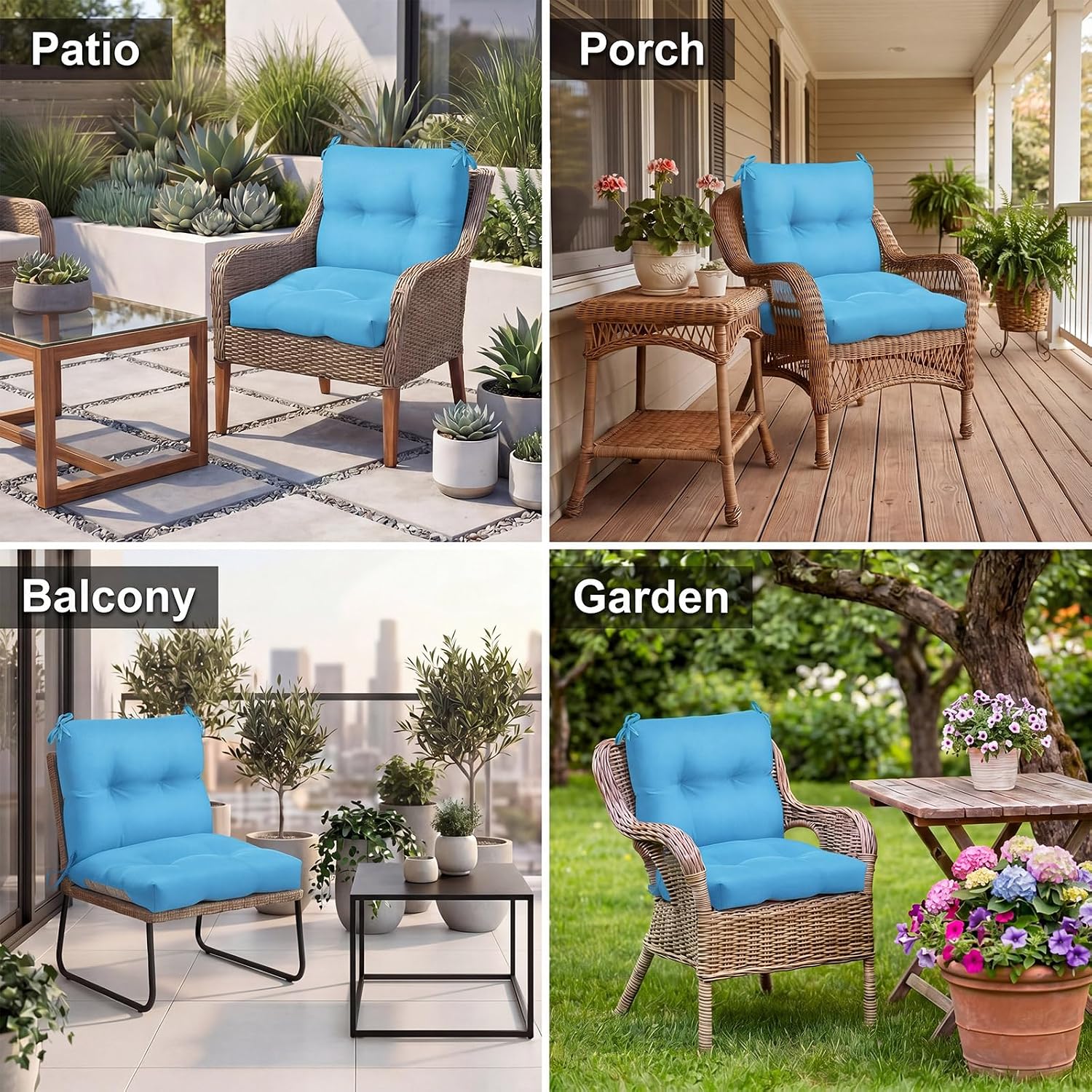 Geetery Outdoor Chair Cushions Set of 4 High Back Patio Furniture Replacement Seat Pads with Ties 42x21x4' for Lawn Porch Wicker Rocking Dining Chairs Weather Resistant Fade Resistant (Lake Blue)