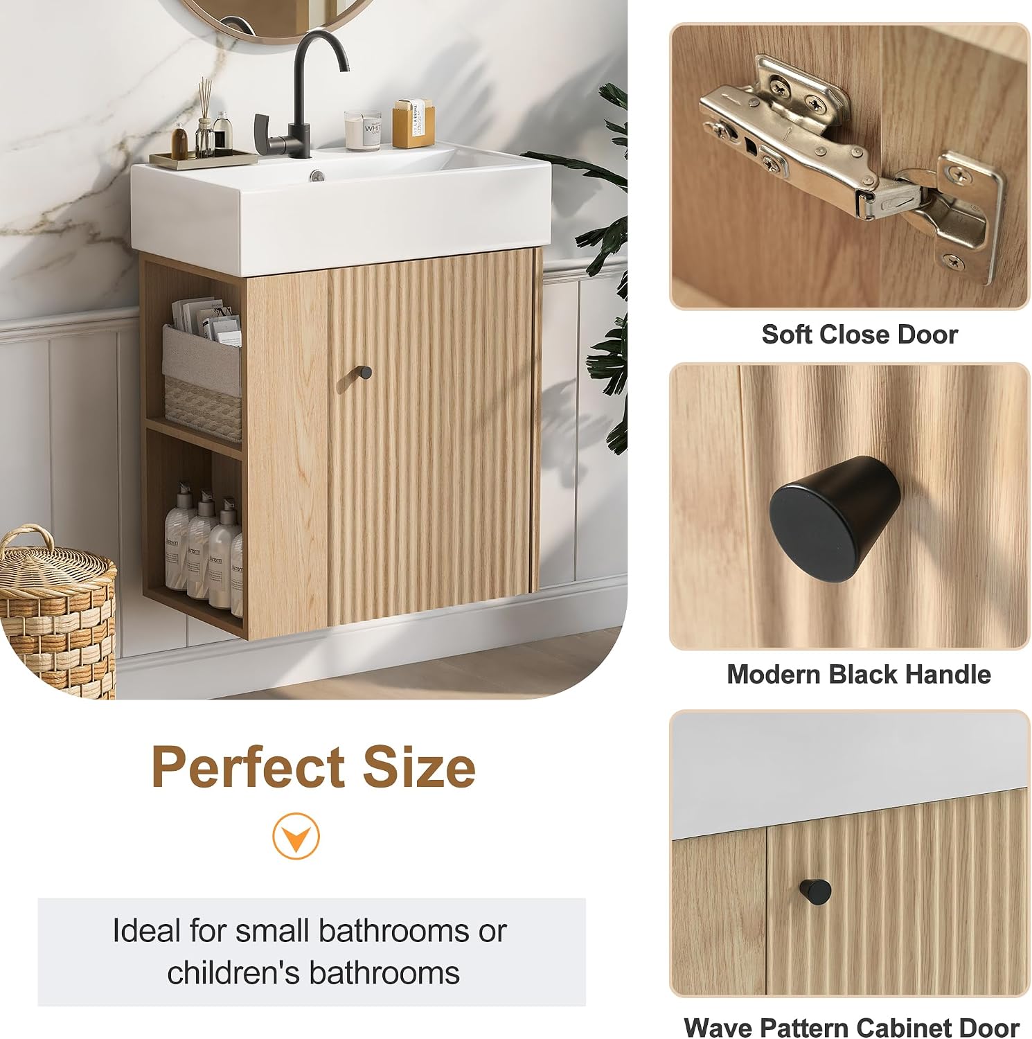 21.6-inch Bathroom Vanity with Sink Combo, Wall-Mounted Single Storage Cabinet with One Cabinet & Left 2-Tier Shelves, Wooden Vanity with Ceramic Basin for Bathroom, Wood