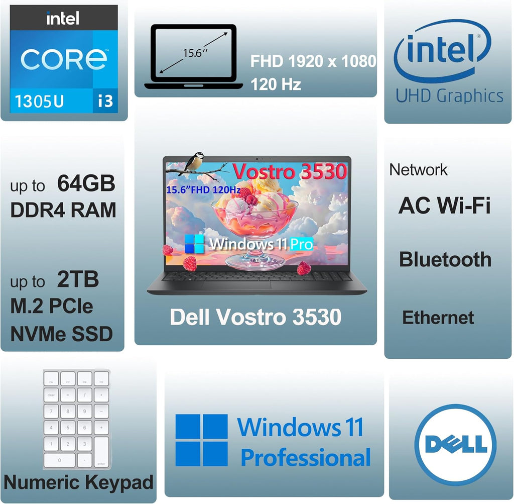 Dell Vostro 15 15.6' Laptop Computer for Home and Business Student, 120Hz FHD, Intel Core Processor (Beat i5-1145G7), 16GB DDR4 RAM, 1TB PCIe SSD, WiFi, RJ45, Type-C, HDMI, Windows 11 Pro (Renewed)