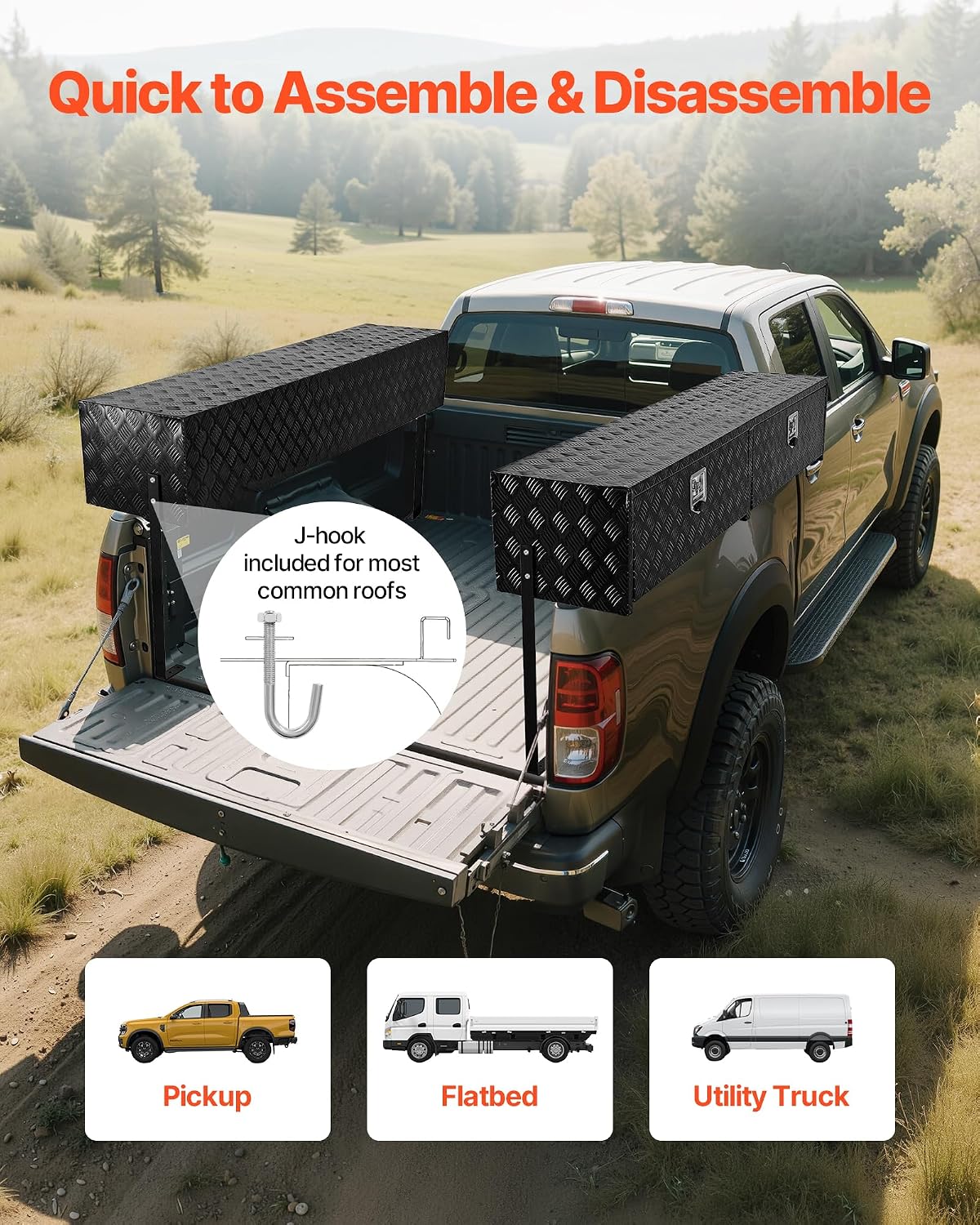 VEVOR Truck Tool Box, 72 x 13 x 16 Inch, Black Aluminum Tread Topsider Toolbox with Dual Drop Doors, Heavy Duty Lockable Storage and Organization Box with Latch, Corrosion-Resistant, for Truck Bed