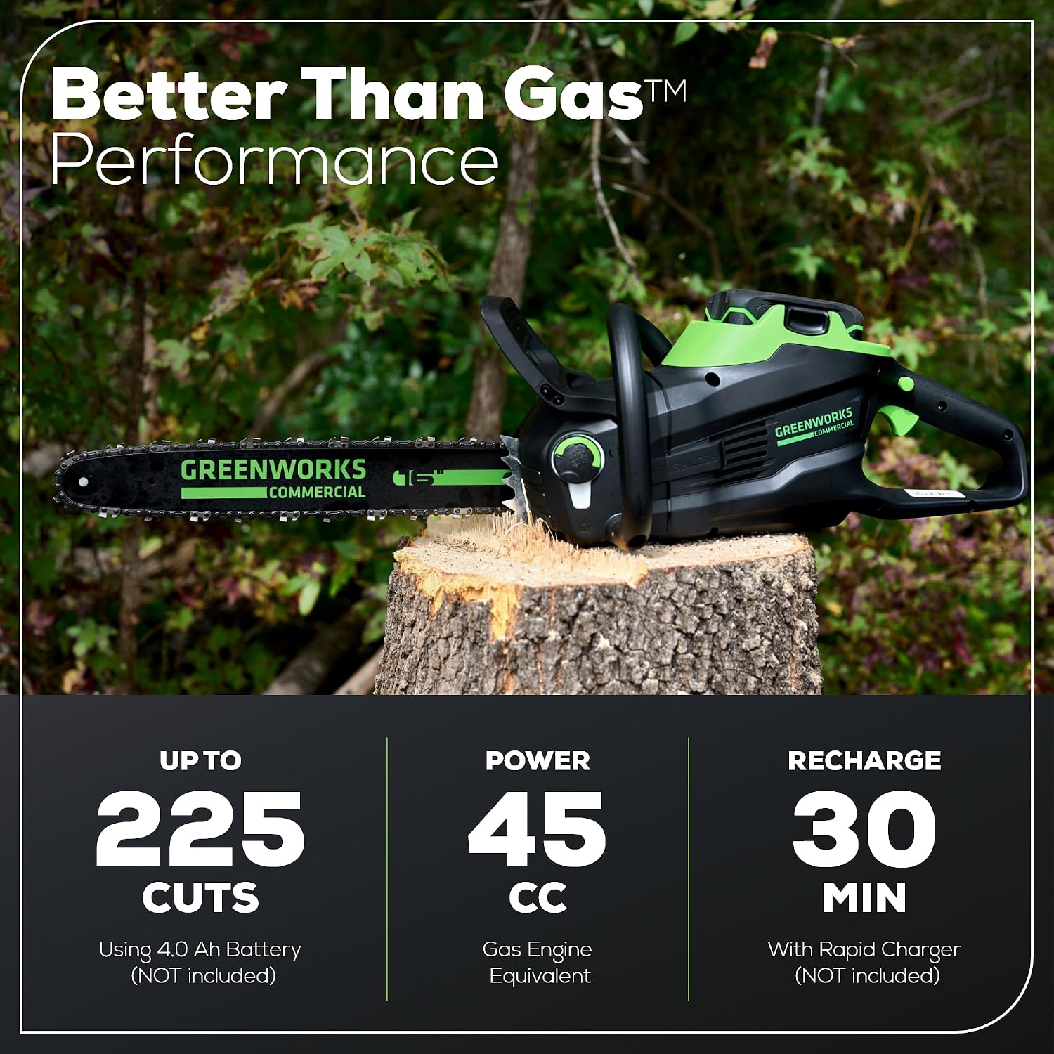 Greenworks 82V 16' Brushless (2.4 kW) Cordless Chainsaw (225 Cuts Per Charge), 4.0Ah Battery and Dual Port Rapid Charger (Great For Landscapers and Professionals