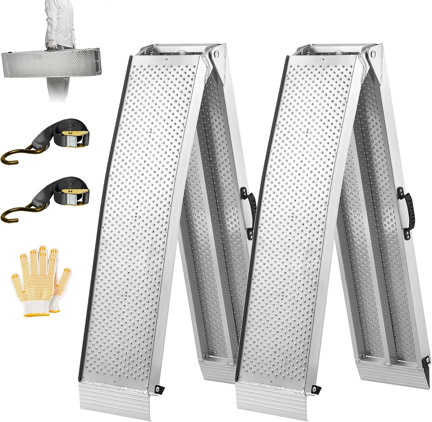 Aluminum Truck Ramps for ATV, UTV, Lawn Mower, Pickup Trucks - 1500LB Capacity 7.5FT Heavy Duty Loading Ramps with Handle & Buckle, Silver, 2PCS