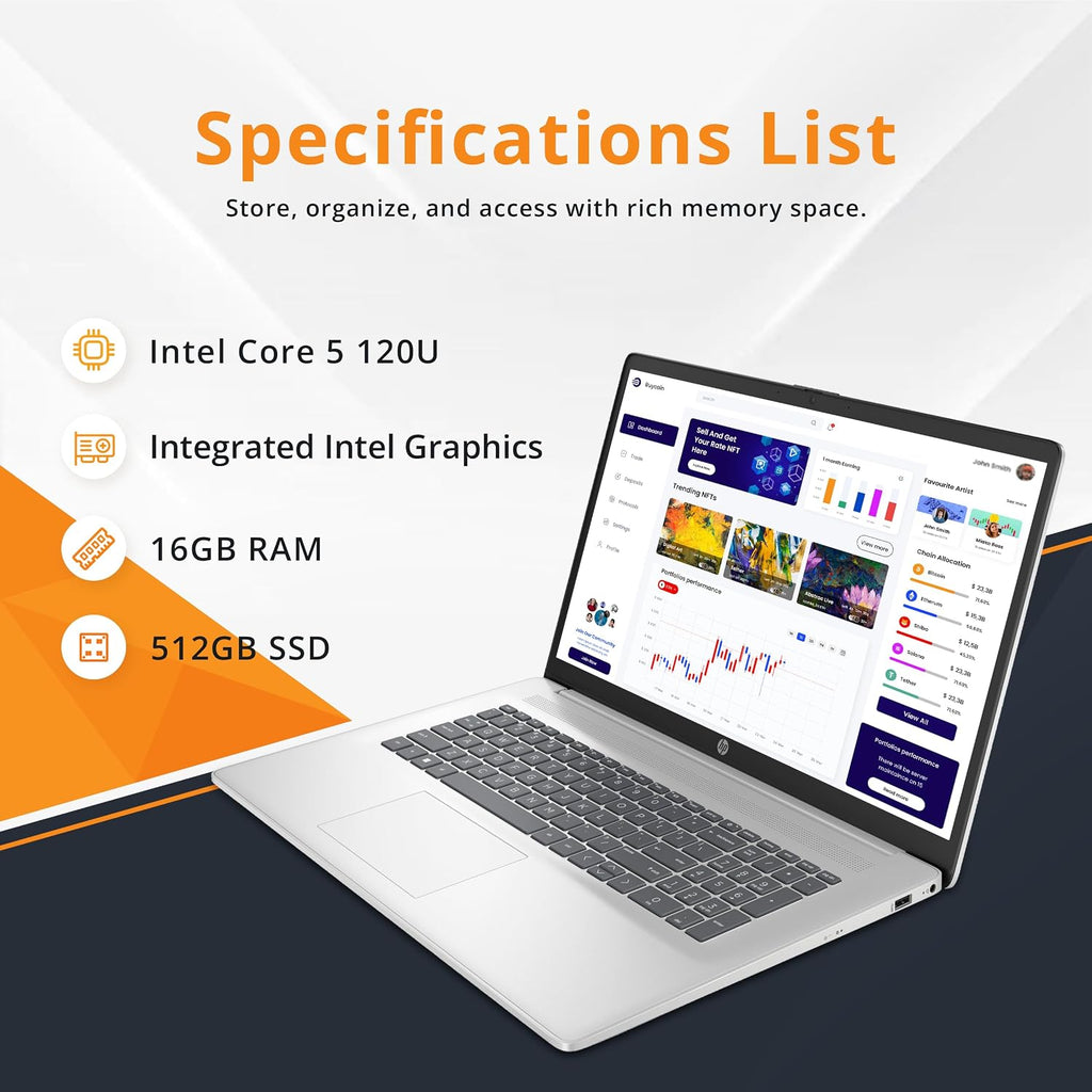 HP 17.3' FHD Business Laptop, Intel 5-120U 16GB DDR4 RAM, 512GB PCIe SSD, Integrated Intel Graphics, Backlit Keyboard, HD Webcam, Win 11 Pro, Silver (Renewed)