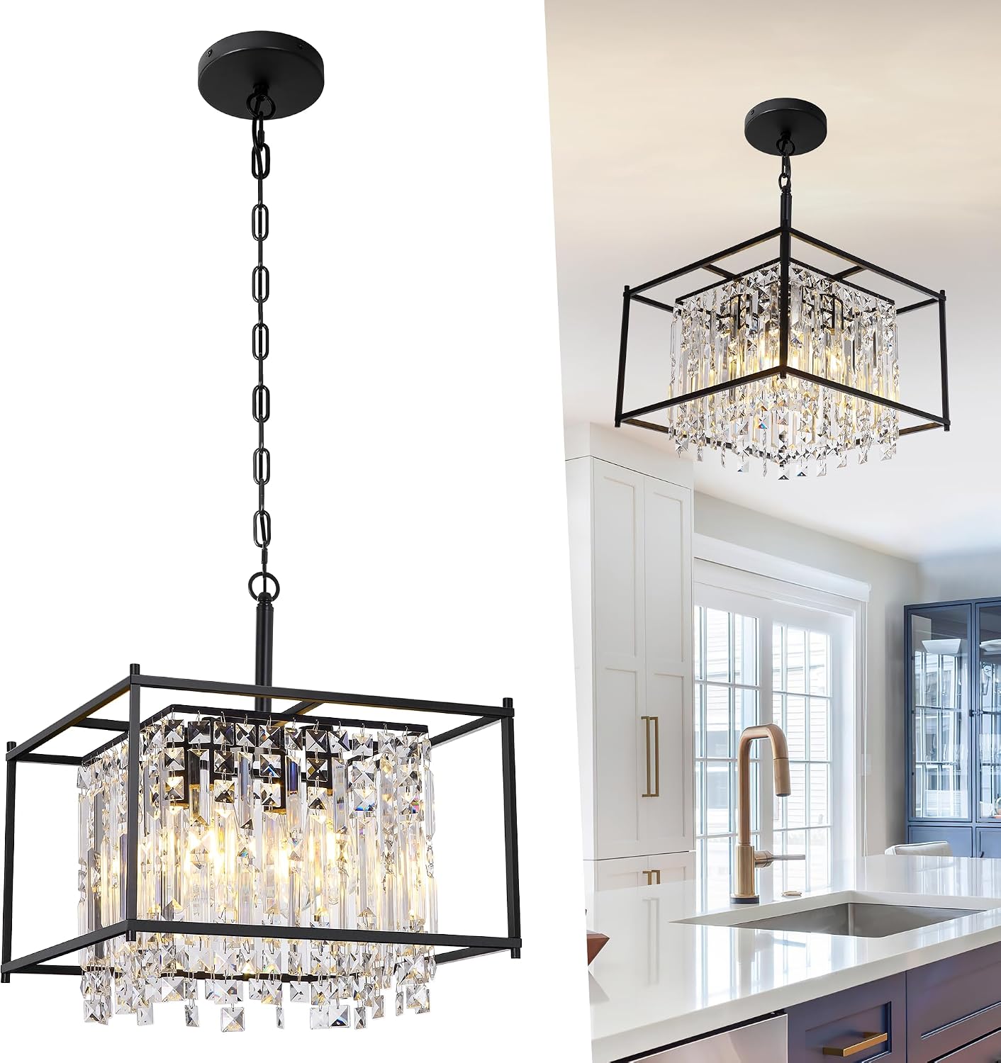 Miuyhji Black Chandeliers for Dining Room, Black Square Industrial Chandelier Crystal Pendant Light for Kitchen Island Dining Room Living Room Flat and Inclined Ceiling,L16 x W16 x H17.5