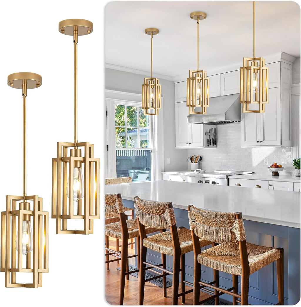 Modern Pendant Light Fixtures 2 Pack 1 Light, Gold Finish Cage Farmhouse Pendant Lights with Max 59'' Adjustable, Small Square Pendant Ceiling Hanging Light for Kitchen Island Dining Room Entryway