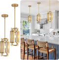 Modern Pendant Light Fixtures 2 Pack 1 Light, Gold Finish Cage Farmhouse Pendant Lights with Max 59'' Adjustable, Small Square Pendant Ceiling Hanging Light for Kitchen Island Dining Room Entryway
