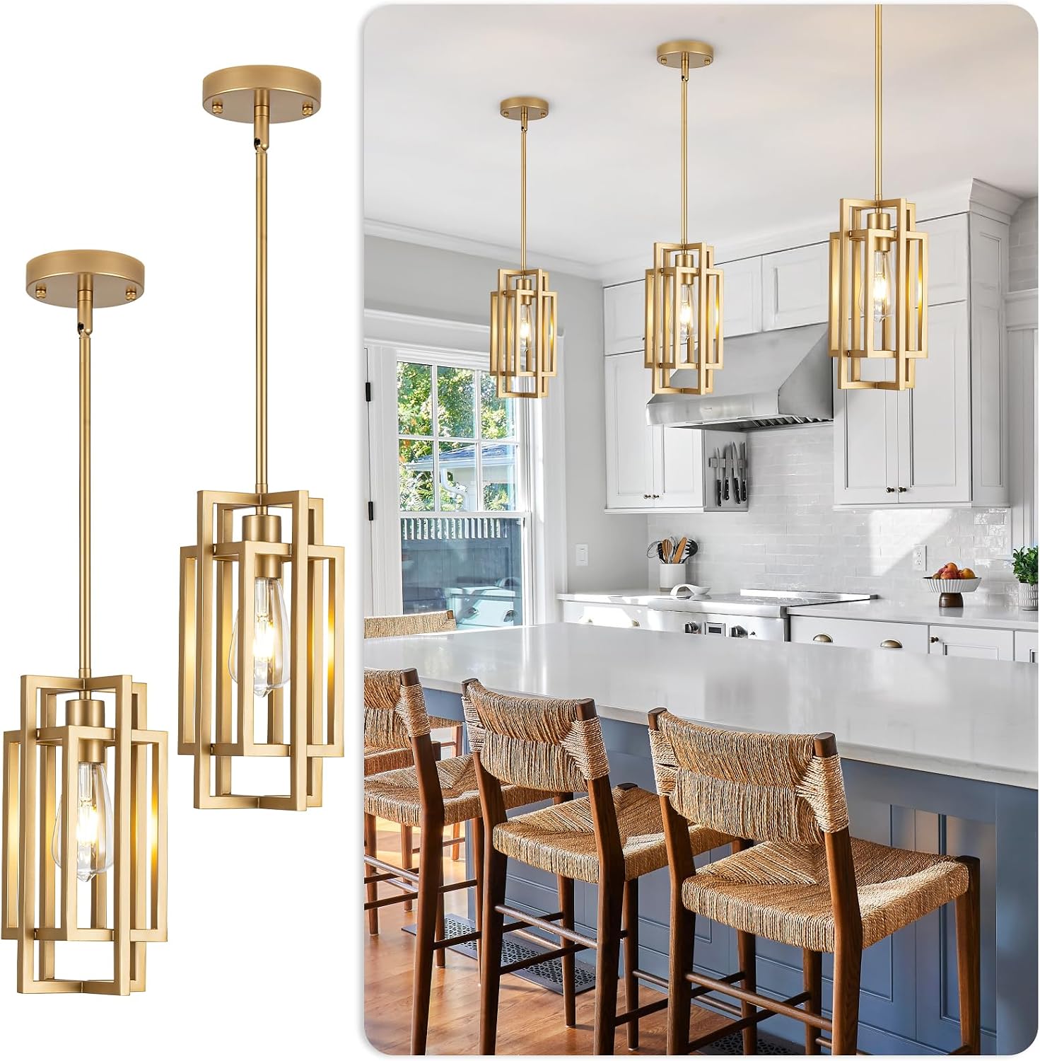 Modern Pendant Light Fixtures 2 Pack 1 Light, Gold Finish Cage Farmhouse Pendant Lights with Max 59'' Adjustable, Small Square Pendant Ceiling Hanging Light for Kitchen Island Dining Room Entryway