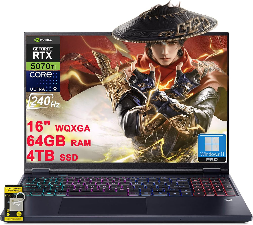 acer Predator Helios Neo 16S AI Gaming Laptop 16' WQXGA OLED 240Hz (100% DCI-P3) Intel 24-core Ultra 9 275HX 64GB DDR5 4TB SSD GeForce RTX 5070 Ti DLSS4 (Up to 992 AI Tops) Win11Pro ICP Hub