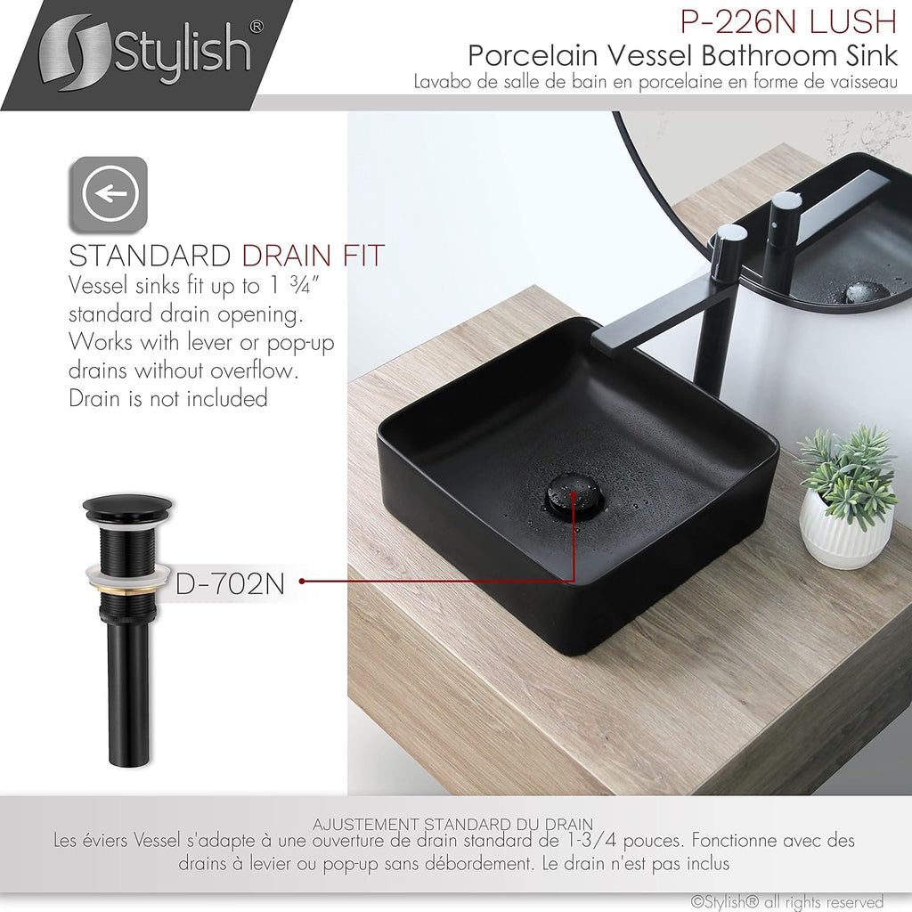 Stylish Vessel Sink 14.5 x 14.5 Inch Square Porcelain Over the Counter Black Bathroom Sink Enamel Glaze Finish Smooth and Stain Resistant Non Porous Surface, P-226N