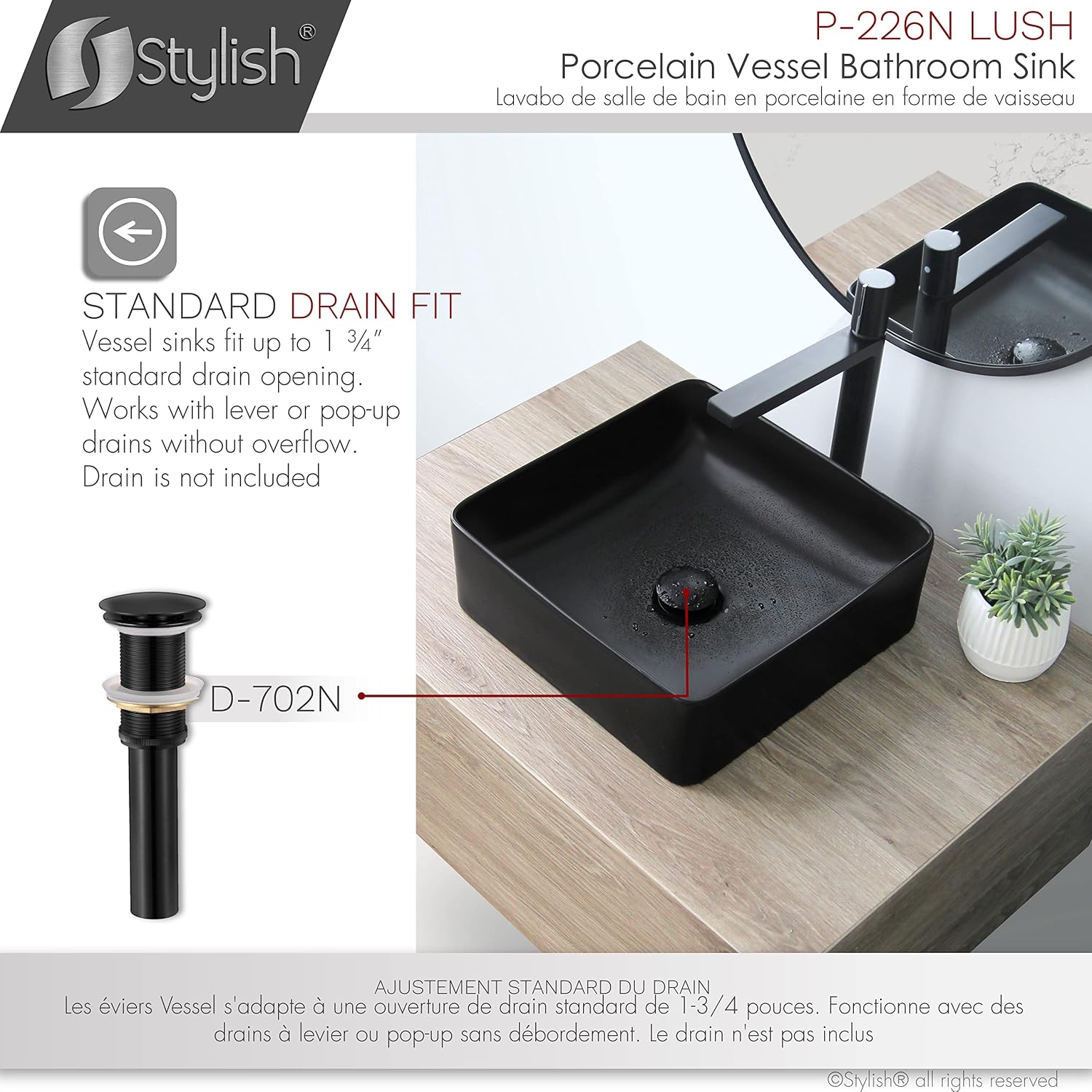 Stylish Vessel Sink 14.5 x 14.5 Inch Square Porcelain Over the Counter Black Bathroom Sink Enamel Glaze Finish Smooth and Stain Resistant Non Porous Surface, P-226N