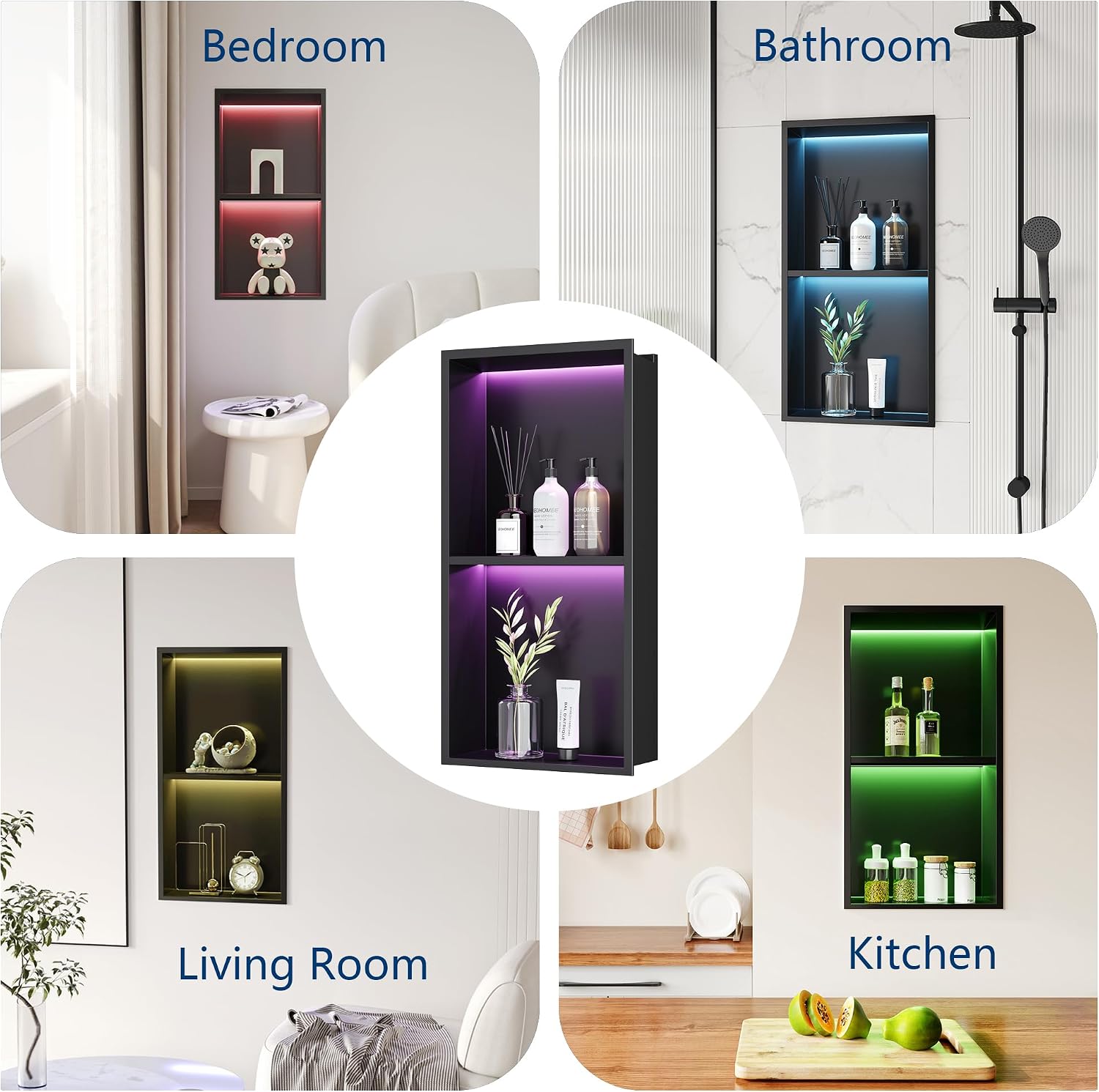 2-Tiers 12x24 Shower Niche, RGB LED Light Strips, Matte Black Wall Cabinet Shlef, Stainless Steel NO Tile Needed Recessed Wall Niche for Bathroom Storage Organizer
