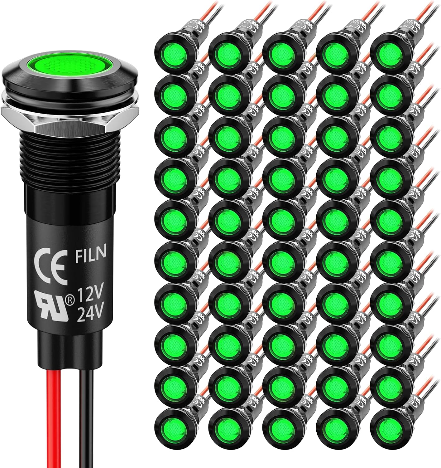 50PCS 12mm (1/2') Green LED Indicator Light Waterproof Metal Signal Lamp 5V 12V 24V IP67 Pilot Dash Head for Car Industrial Equipment Light (12V-Black Shell Green 50PCS)