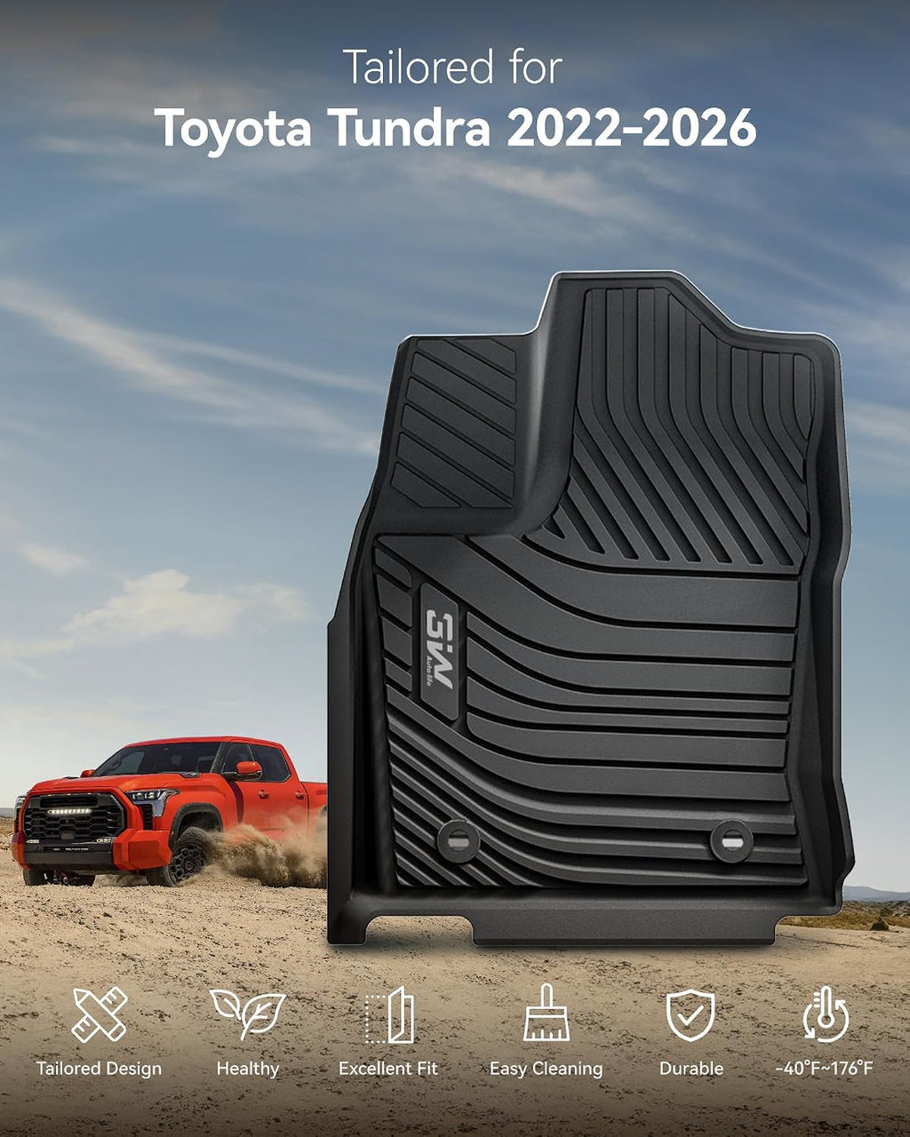 3W Floor Mats Fit 2022-2026 Toyota Tundra CrewMax Cab, TPE All Weather Custom Fit Floor Liner for Tundra SR/SR5/TRD PRO/Limited/Platinum/Castone Accessories Car Mats Easy Clean