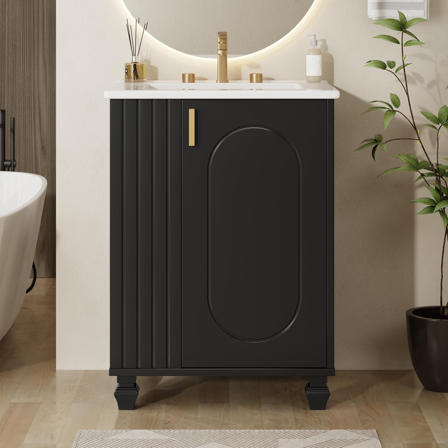 24-inch Bathroom Vanity with Sink Combo, Free-Standing Single Storage Cabinet with Door Shelf, Side Open Storage, and Cabinet, Vanity with Ceramic Basin for Bathroom (Black)