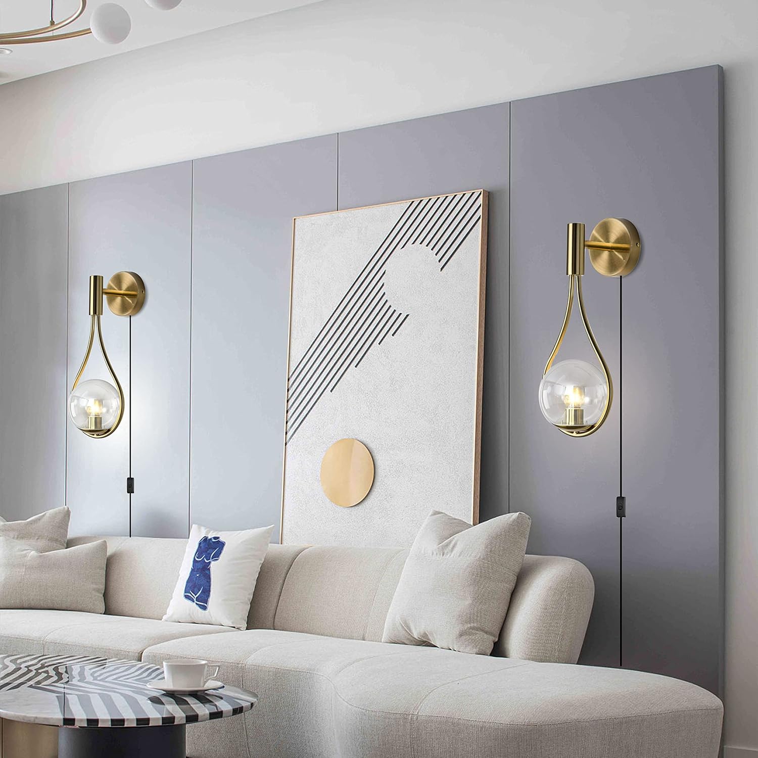 BOKT Set of 2 Plug in Modern Gold Wall Sconces Mid Century Clear Globe Wall Lamps Simple Creative Living Room Wall Light Fixtures for Bedroom, Corridor, Mirror Front