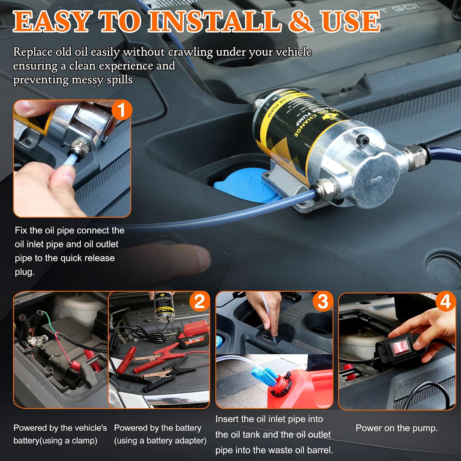 12V/24V 100W Portable Oil Extractor Pump Set, All-in-One Oil Transfer Pump with Yellow Battery Adapter Compatible with DEWALT 20V/18V Battery, Fluid Transfer for Home Business Farm Boat