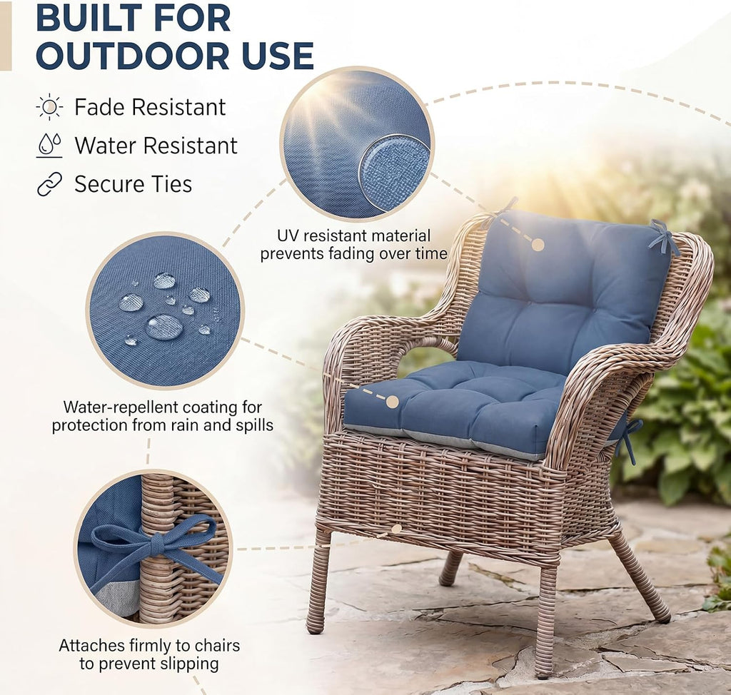 Geetery Outdoor Chair Cushions Set of 4 High Back Patio Furniture Replacement Seat Pads with Ties 42x21x4' for Lawn Porch Wicker Rocking Dining Chairs Weather Resistant Fade Resistant(Blue Gray)