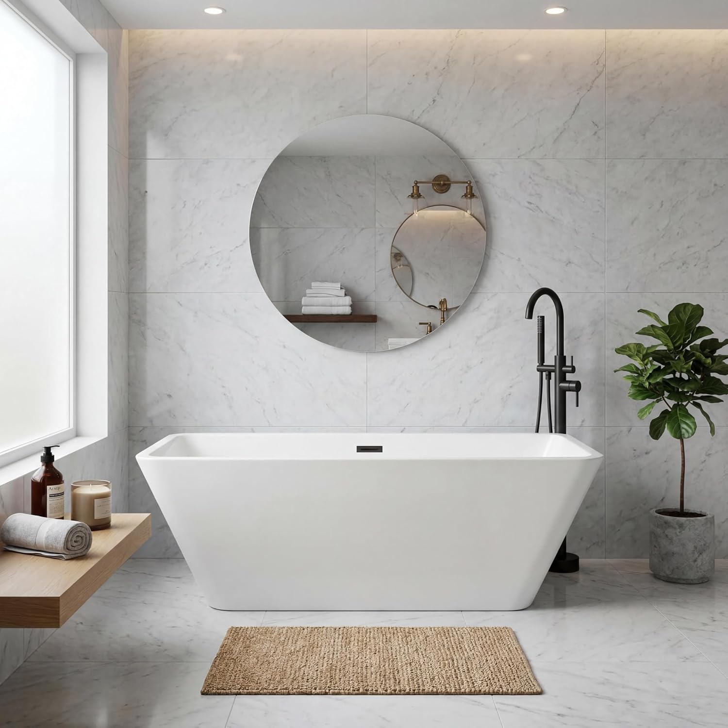 66' Acrylic Freestanding Soaking Bathtub, Matte Drain & Black Overflow, Modern Design Tub for Home Bathroom Renovations, Glossy White