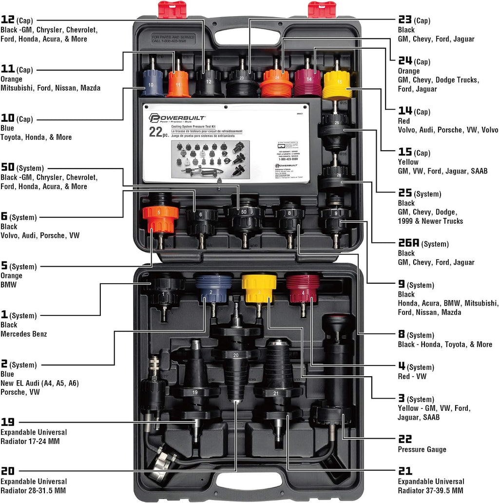 Powerbuilt 22 Piece Cooling System Pressure Tool Kit, Service and Leak Detection for Cars and Trucks, Coolant Adapters, Storage Case 940427