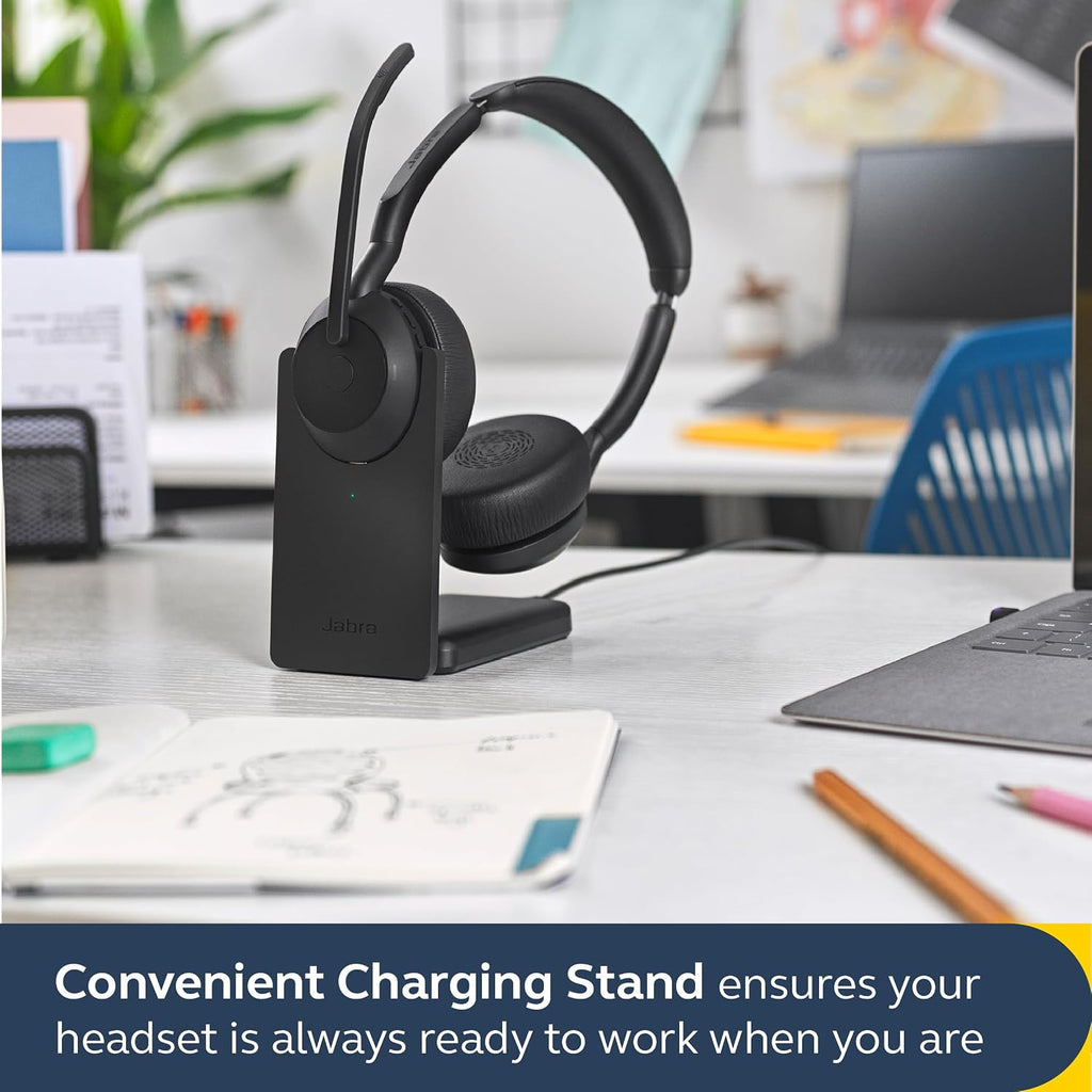 Jabra Evolve2 55 Stereo Wireless Headset with Charging Stand AirComfort Technology, Noise-Cancelling Mics & Active Noise Cancellation - MS Teams Certified, Works with Other Platforms - Black