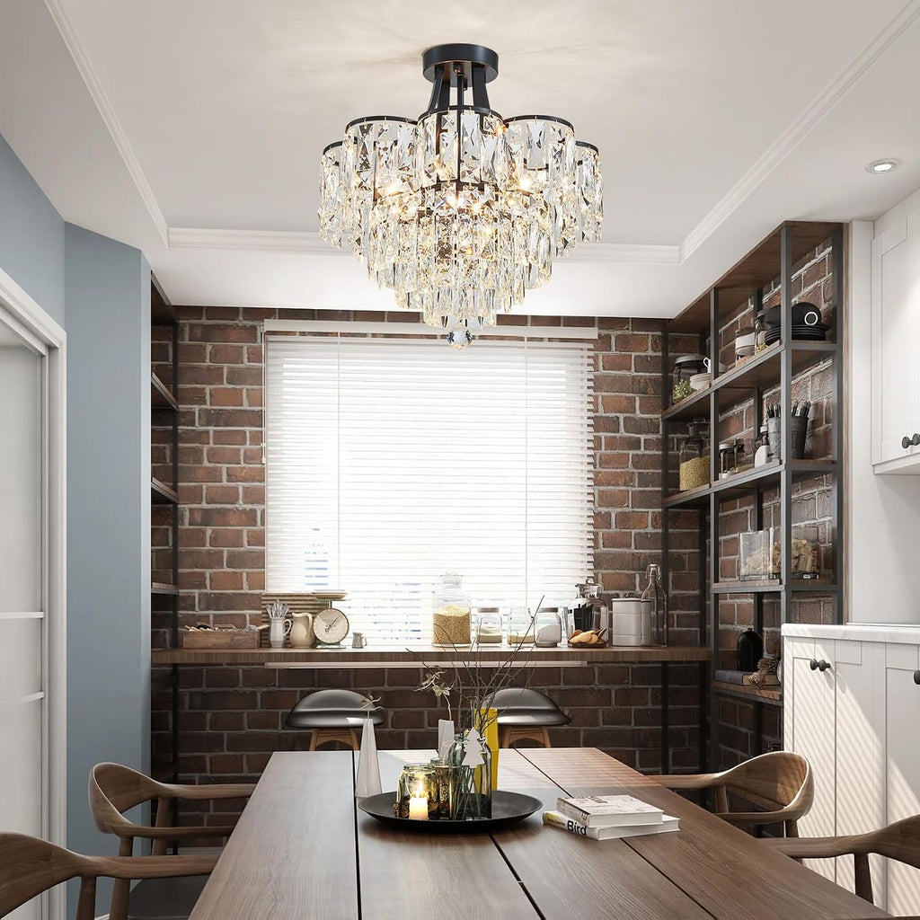 WUZUPS Crystal Chandelier Semi-Flushmount Ceiling Light Modern Lighting Fixture for Bedroom Hallway Entry Kitchen Bathroom, H 19.3' x W 18.3', E12 Base, Black