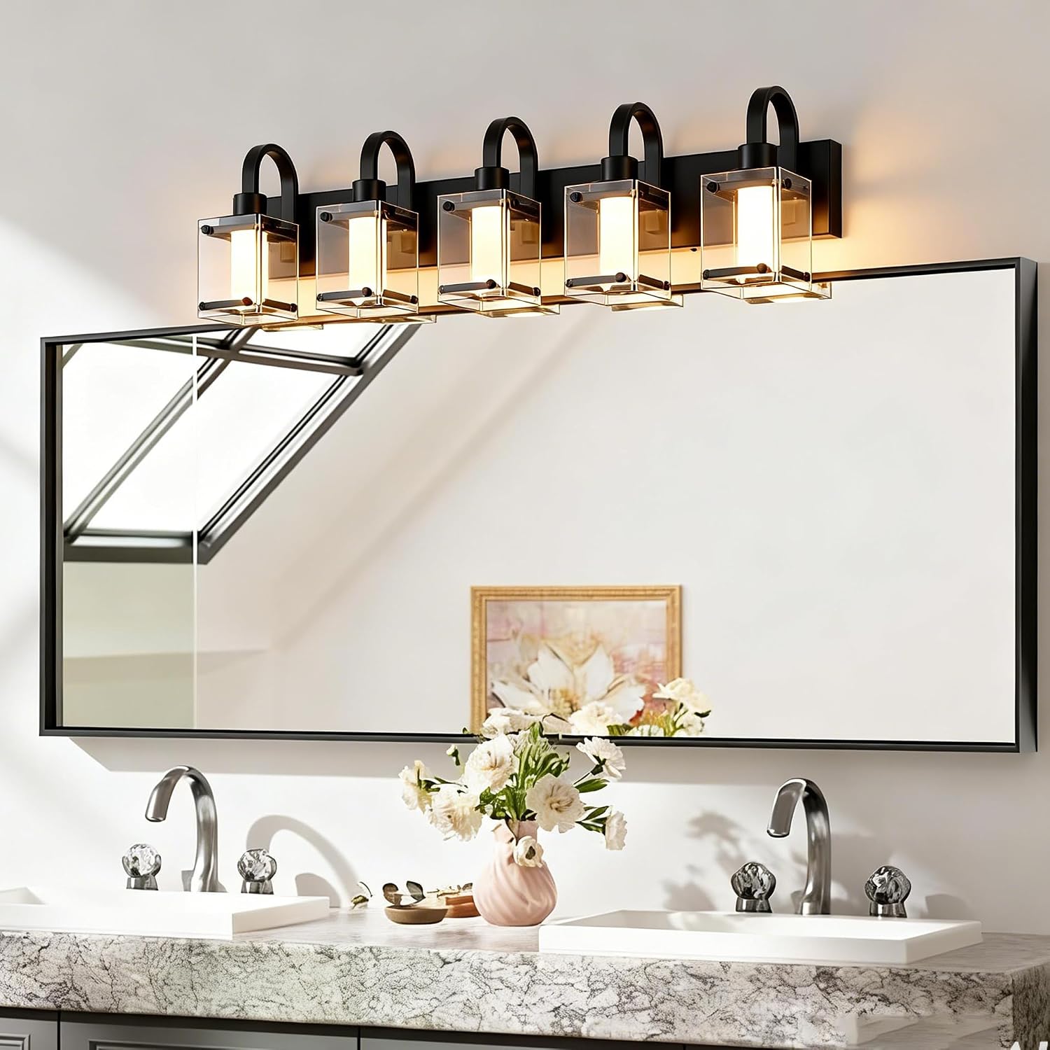 LED Modern Bathroom Vanity Lights, 5 Lights Black Bathroom Light Fixtures for Dressing Room, Integrated LED Chips, Frosted Column with Clear Square Glass Shade, Dimmable Wall Sconce