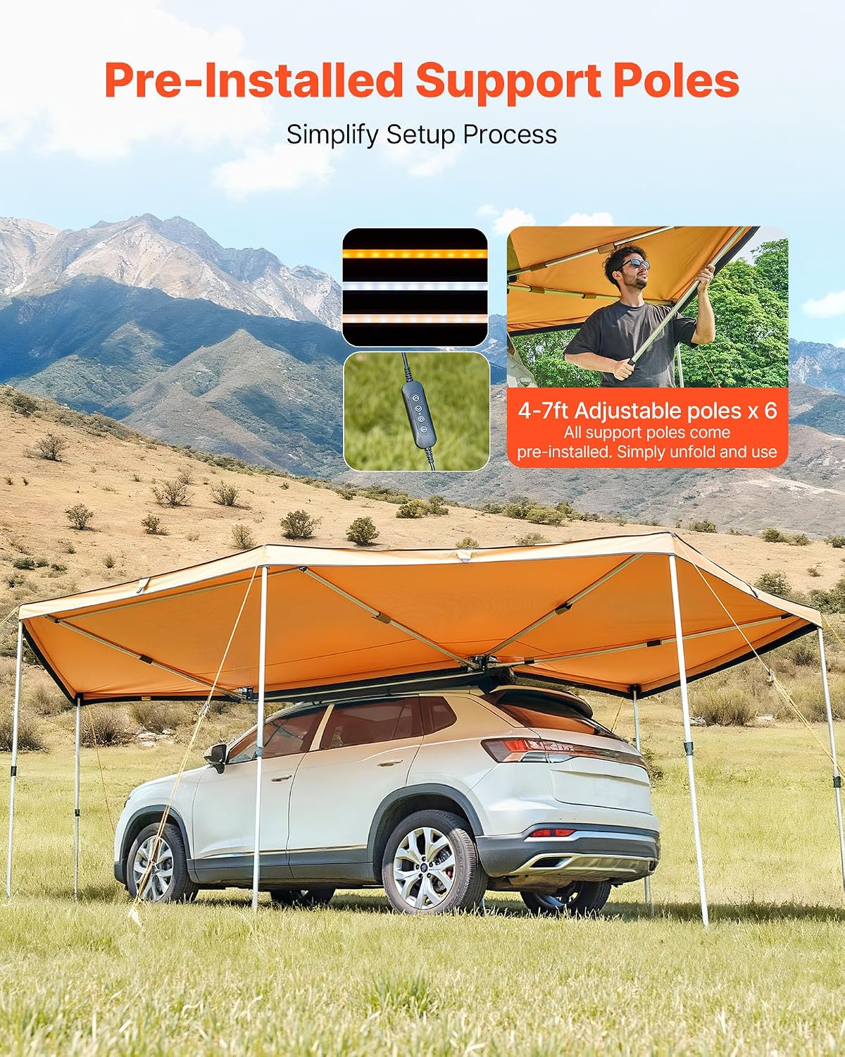 VEVOR 270 Degree Awning with Bulit-in LED Light 3 Colors, 117 sq.ft Driver Side Vehicle Awning, UV50+ Waterproof Car Side Awnings, All-Weather Overland Awnings Car Shelter for SUV Truck Camping