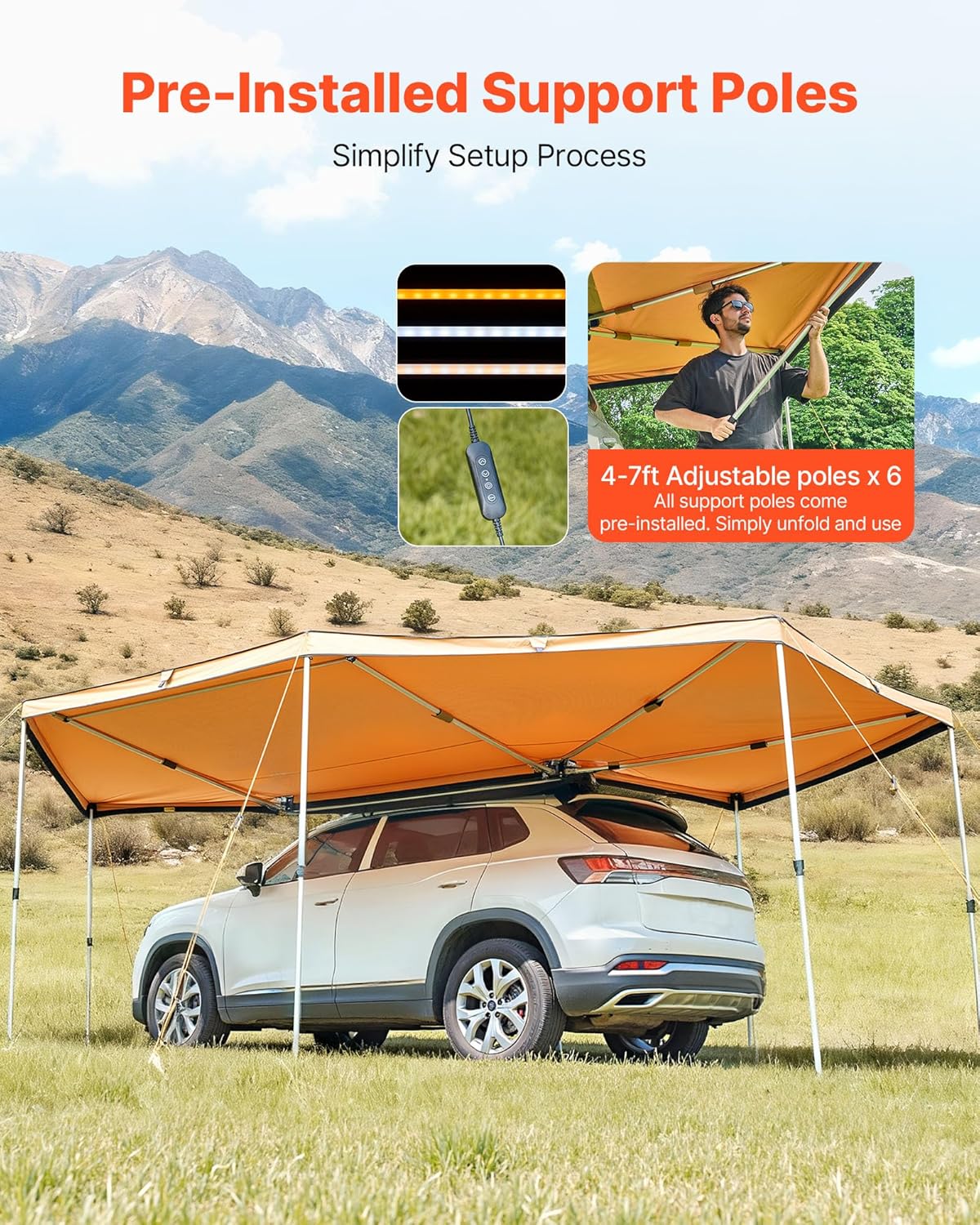 VEVOR 270 Degree Awning with Bulit-in LED Light 3 Colors, 133 sq.ft Driver Side Vehicle Awning, UV50+ Waterproof Car Side Awnings, All-Weather Overland Awnings Car Shelter for SUV Truck Camping