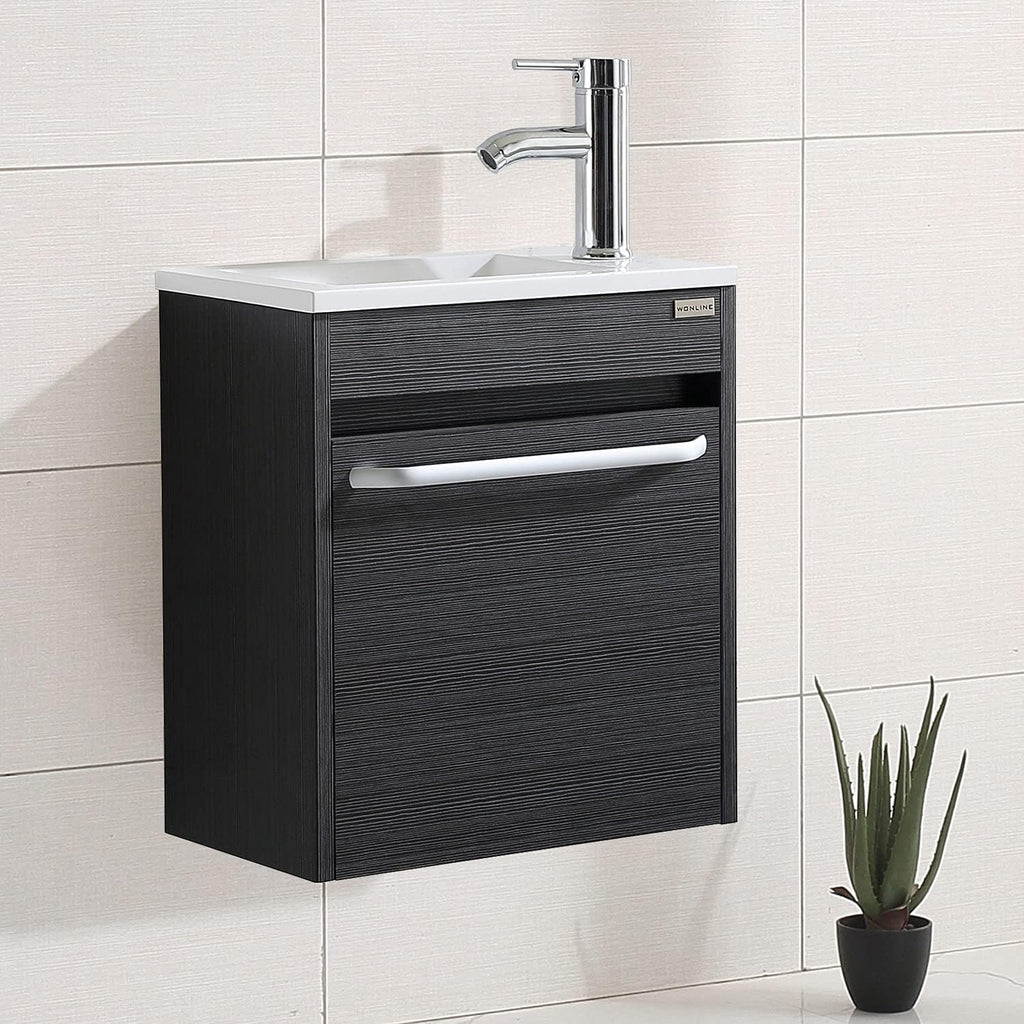 wonline 16' Bathroom Vanity Sink Combo for Small Space Black Wall Mounted Cabinet Set Design White Resin Basin Sink Top Chrome Faucet