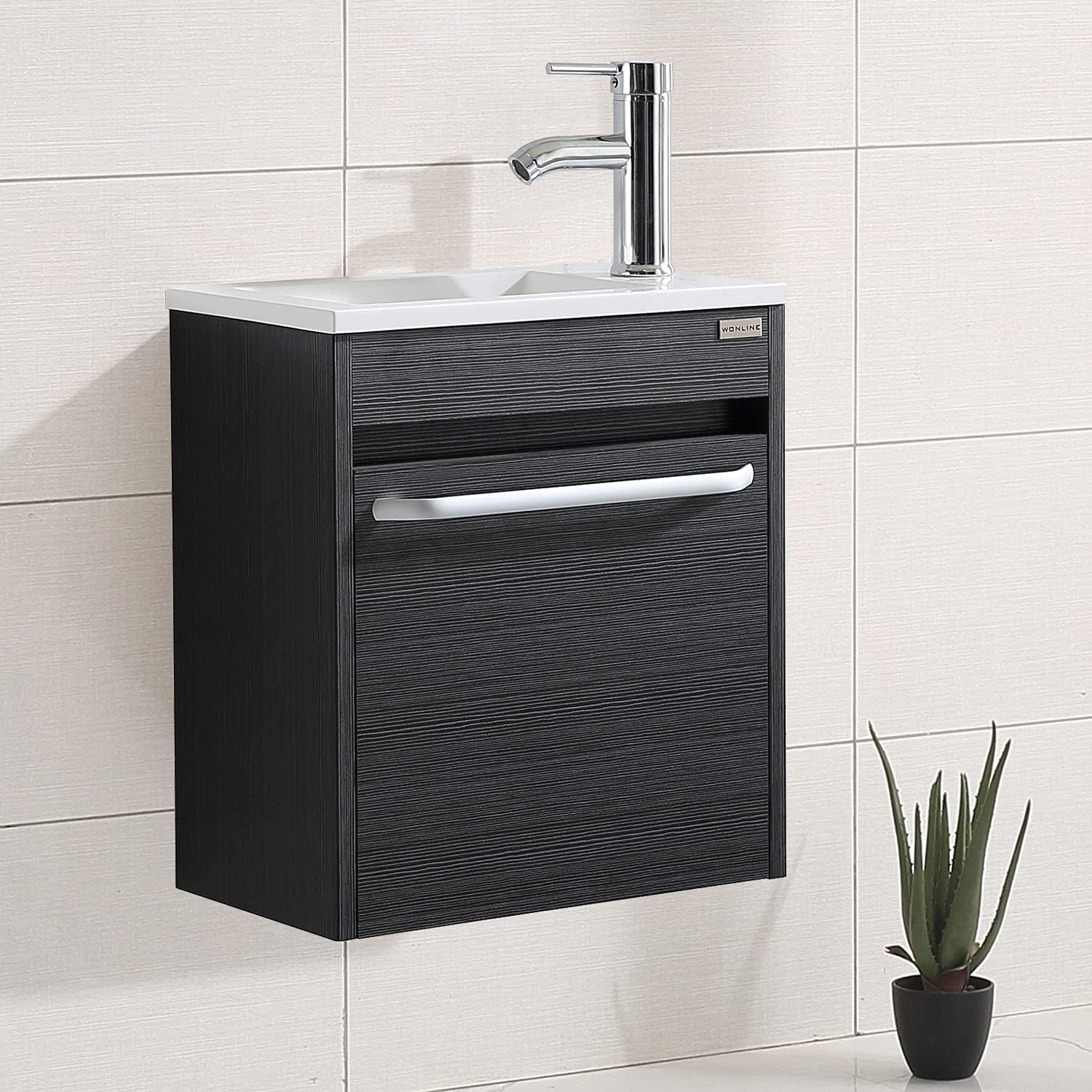 wonline 16' Bathroom Vanity Sink Combo for Small Space Black Wall Mounted Cabinet Set Design White Resin Basin Sink Top Chrome Faucet