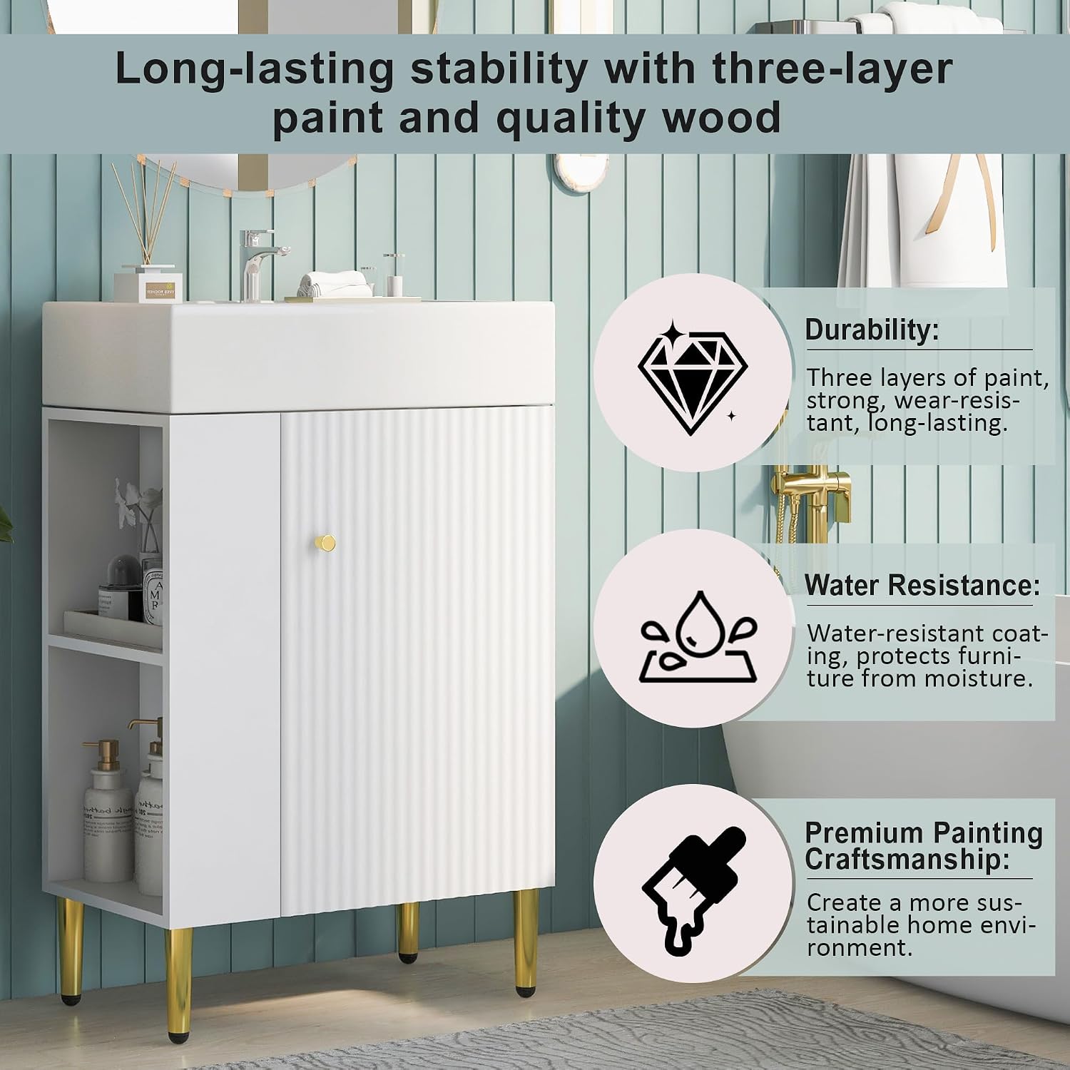 Merax 21.6' Single Sink Bathroom Vanity, Freestanding Bathroom Vanity with Open Shlef, Wood Bathroom Cabinet with Ceramic Basin Sink Top, White