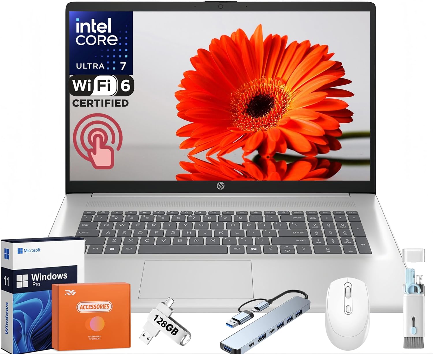 HP 17.3 inch Touchscreen Laptop, Intel Ultra 7 255U 12-Core(Beat Ultra 7 155H), 32 GB DDR5, 1 TB SSD, HD+ 250 nit Display, Copilot AI, Backlit KB, Long Battery, Wifi 6, Windows11 Pro, w/RH-Accessories