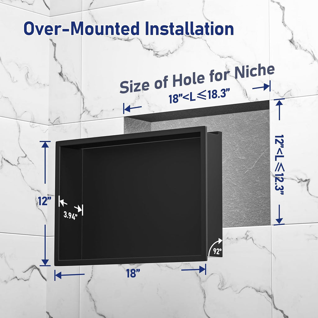 Stainless Steel Shower Niche 18' X 12' Matte Black with Led Light Waterproof No Tile Need Shower Niche for Bathroom Storage Recessed Wall Niches