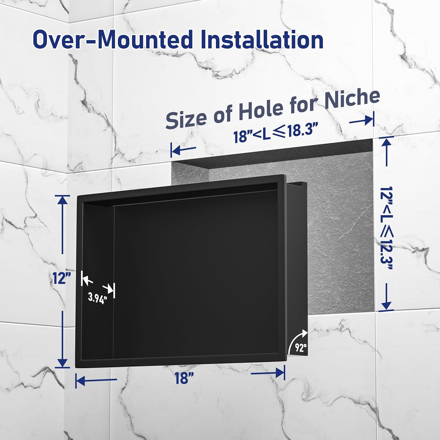 Stainless Steel Shower Niche 18' X 12' Matte Black with Led Light Waterproof No Tile Need Shower Niche for Bathroom Storage Recessed Wall Niches