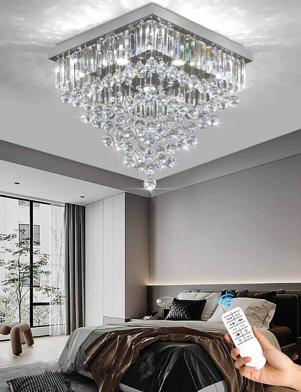 Luxury 20' Square K9 Crystal Flush Mount Chandelier, Modern Silver 6-Light LED Ceiling Light, Dimmable Chandeliers Fixture for Dining Room, Living Room, Bedroom, Entryway