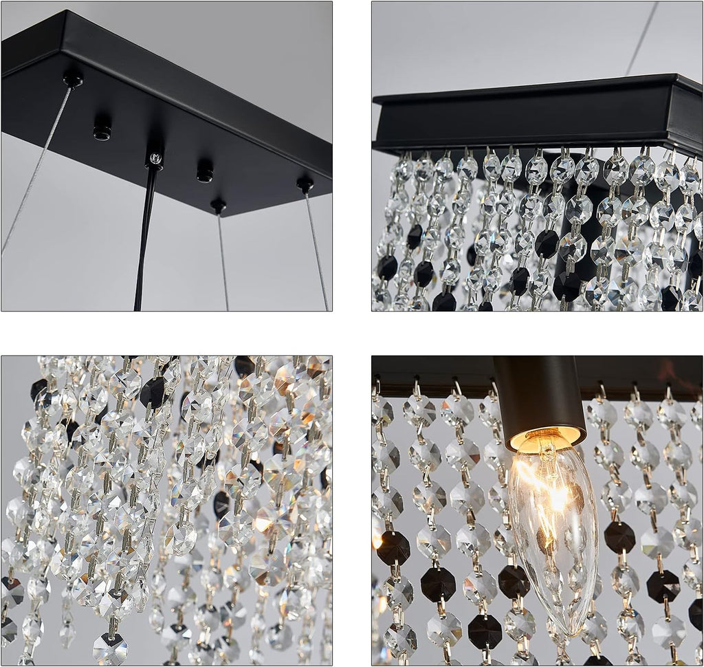Q&S Black Modern Crystal Chandelier,L30 6-Light Luxury Rectangle Chandelier Light Fixtures for Dining Room Kitchen Island Bar UL Listed