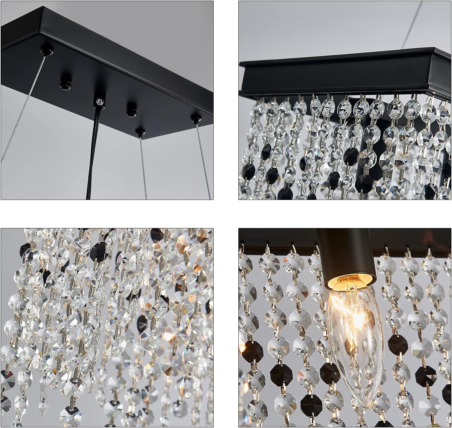 Q&S Black Modern Crystal Chandelier,L30 6-Light Luxury Rectangle Chandelier Light Fixtures for Dining Room Kitchen Island Bar UL Listed