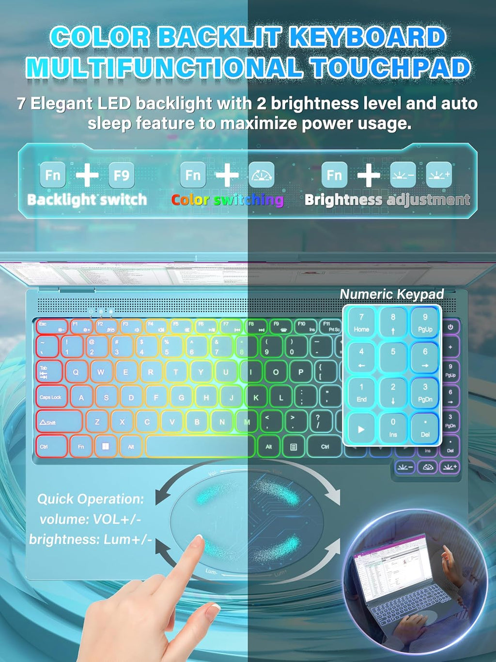 16' Blue Laptop, DDR4 16GB RAM 512GB SSD, 1920x1200 FHD IPS, Quad-Core N95 Processor (Up to 3.4GHz), Color Backlit KB, Face Recognition & Gesture Touchpad, Win 11 Pro for Business & Student
