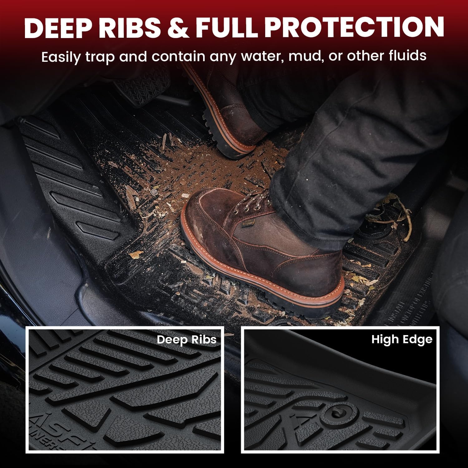 LASFIT Floor Mats 2019-2025 2026 for Ram 2500/3500 Crew Cab Bench Seat, Not for Bucket Seat or Model with PTO KIT or 4X4 Shifter, All Weather TPE Custom Fit Car Mats Floor Liners 1st & 2nd Row, Black