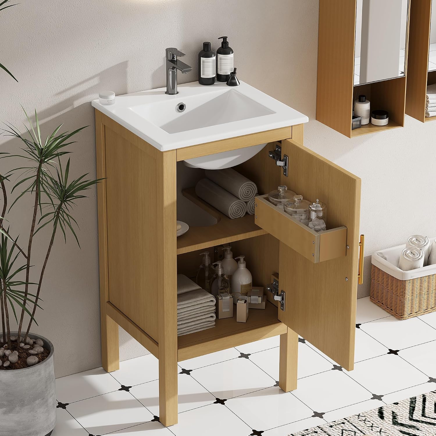 18-inch Bathroom Vanity with Sink Combo, Free-Standing Single Storage Cabinet with One Soft-Close & Adjustable Shelf, Modern Natural Wood Grain Vanity with Ceramic Basin for Bathroom (Natural)
