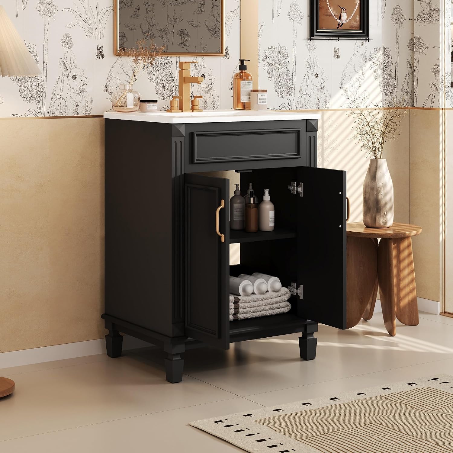 24-inch Bathroom Vanity with Sink Combo, Free-Standing Single Bathroom Storage Cabinet with 2 Soft-Closing Doors and Adjustable Shelf, Wooden Vanity Set with Ceramic Basin for Bathroom (Black)