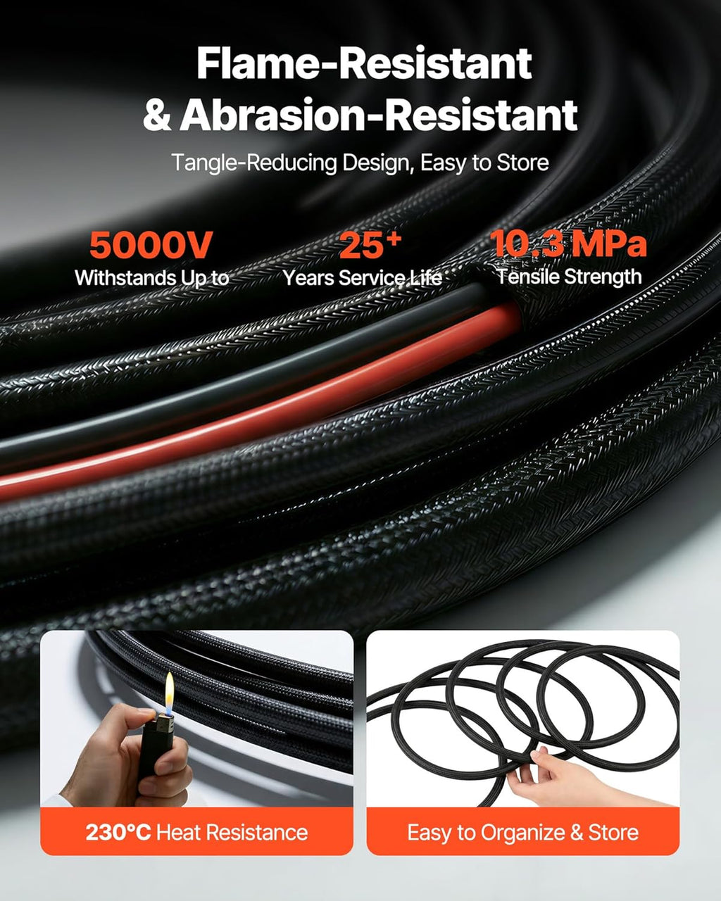 VEVOR 100FT Solar Panel Extension Cable, 10 AWG, Solar Panel Wire with Flame Retardant Protective Sleeving, Female and Male Connectors, IP67 Waterproof PV Wire, for Outdoor Automotive RV, Black & Red