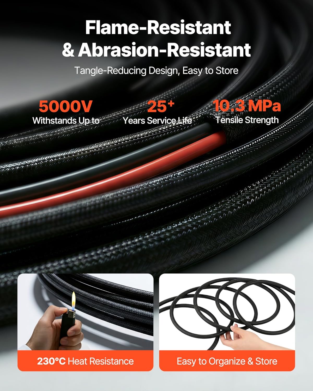 VEVOR 100FT Solar Panel Extension Cable, 10 AWG, Solar Panel Wire with Flame Retardant Protective Sleeving, Female and Male Connectors, IP67 Waterproof PV Wire, for Outdoor Automotive RV, Black & Red