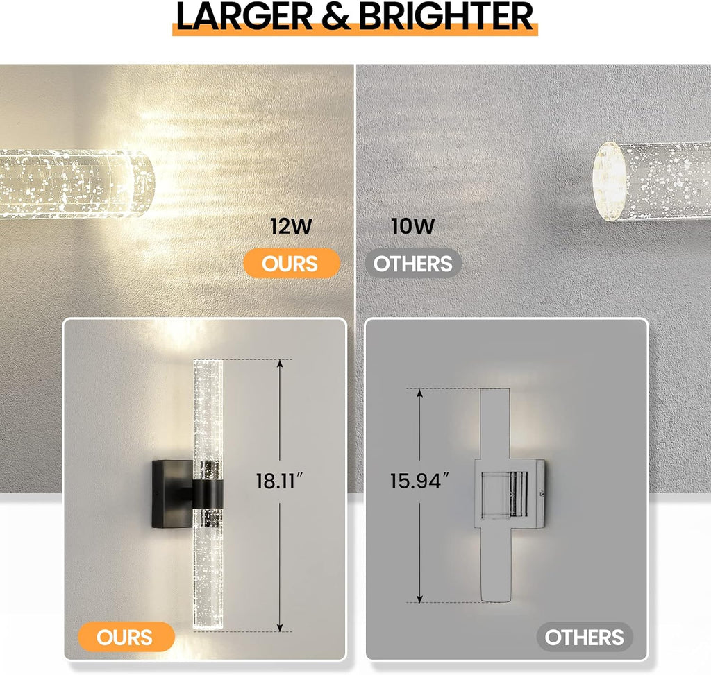 Black Modern LED Wall Sconce - 18 Inch Wall Sconces Set of Two 4000K Dimmable Crystal Sconce Wall Lighting Indoor Wall Mount Bathroom Vanity Light Fixtures for Bedroom Living Room, 12W