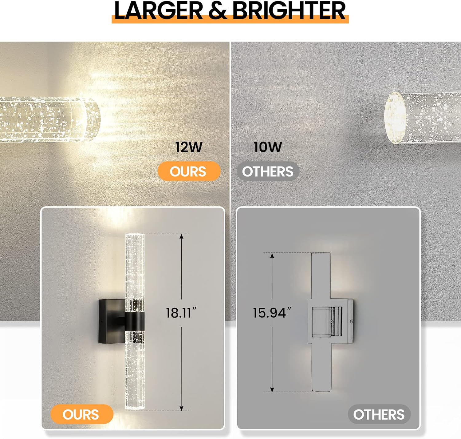 Black Modern LED Wall Sconce - 18 Inch Wall Sconces Set of Two 4000K Dimmable Crystal Sconce Wall Lighting Indoor Wall Mount Bathroom Vanity Light Fixtures for Bedroom Living Room, 12W